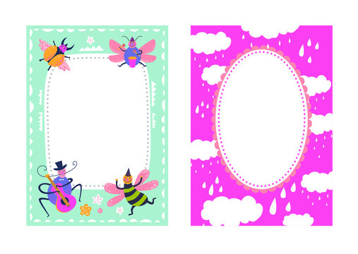 Frames set for baby's photo album, invitation, note book, postcard with cute beetles animals in cartoon style and elements. Butterfly, clouds, flowers. Cute frame, border