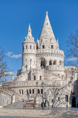 Fototapeta premium Fisherman's Bastion white castle in Budapest winter morning with blue sky