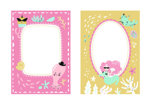 Frames set for baby's photo album, invitation, note book, postcard with cute sea animals and mermaids in cartoon style and elements. Starfish, fish, shell, underwater background. Cute frame, border