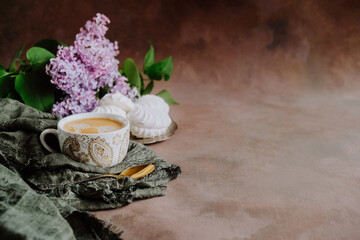 Romantic breakfast with coffee and sweets. Coffee time. Food background. Copy space.