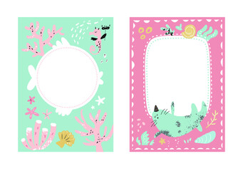 Obraz na płótnie Canvas Frames set for baby's photo album, invitation, note book, postcard with cute sea animals in cartoon style and elements. Jellyfish, fish, shell, underwater background. Cute frame, border