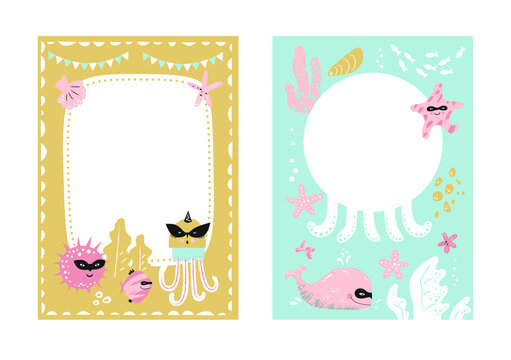 Frames set for baby's photo album, invitation, note book, postcard with cute sea animals in cartoon style and elements. Jellyfish, fish, shell, underwater background. Cute frame, border