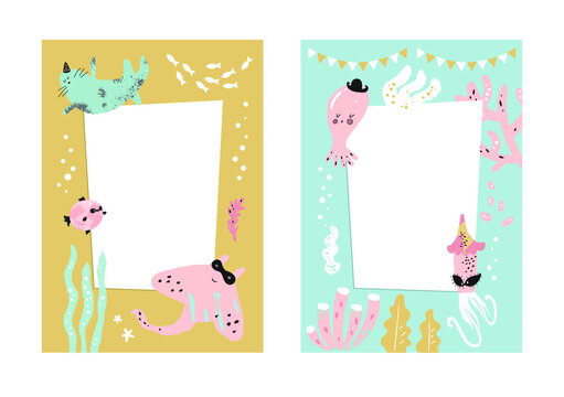 Frames set for baby's photo album, invitation, note book, postcard with cute sea animals in cartoon style and elements. Jellyfish, fish, shell, underwater background. Cute frame, border