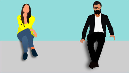 Vector illustration graphic of a Young happy girl and Young man with beard sitting on the wall. Concept outdoor workplace, student, or businessman. 