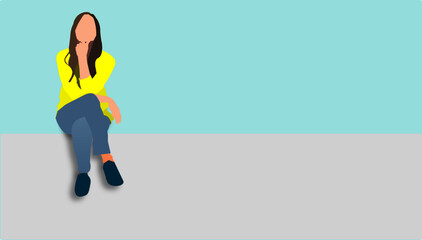 Vector illustration graphic of a Young happy girl sitting on the wall. Concept outdoor workplace, student, or teenager.
