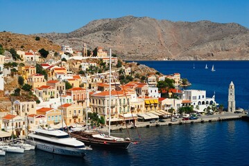 Greece, Symi island, view of the town of Symi.