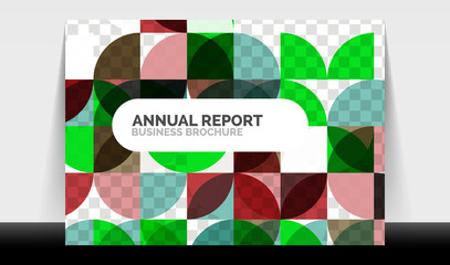 Naklejka premium Horizontal A4 business flyer annual report template, circles and triangle style shapes modern geometric design for brochure layout, magazine or booklet