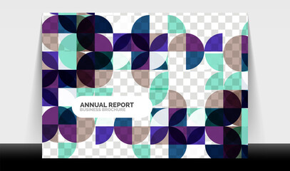 Horizontal A4 business flyer annual report template, circles and triangle style shapes modern geometric design for brochure layout, magazine or booklet