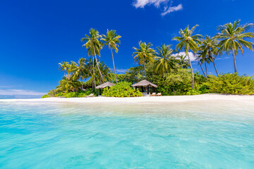 Amazing summer beach landscape. Exotic island coastline with palm trees and white sand close to...