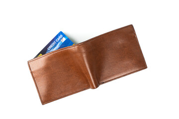 Wallet is made of brown leather and credit card isolated on white background