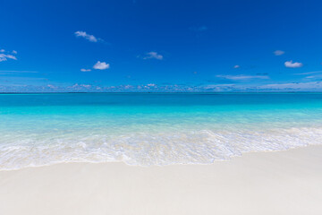 Sea sand sky. Calm relaxing waves on tropical beach. Summer vibes, sea horizon with shades of blue. Empty beach scenery, summer vacation and holiday template. Exotic travel