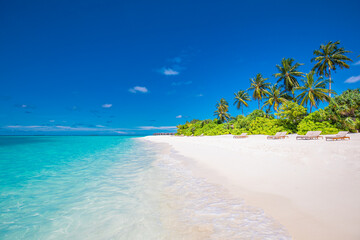 Relax island nature, sea sand sky. Tranquil beach scene. Exotic tropical beach landscape background or wallpaper. Surf of summer vacation holiday concept. Luxury travel beach, resort hotel landscape