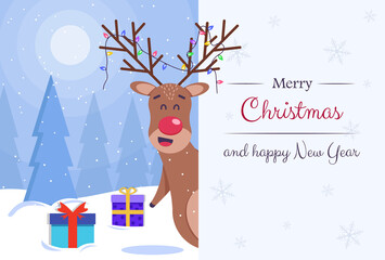 Beautiful and cute cartoon stylized deer. Cartoon fairy deer. Amazing winter holiday card. Christmas greeting card. Vector illustration.