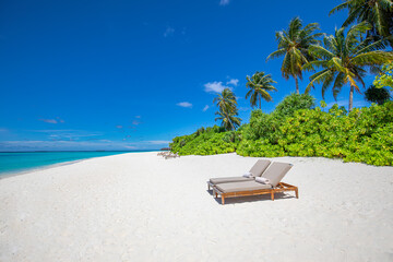 Chairs on white sand in palm beach, tropical holiday banner. Beautiful summer beach landscape,...