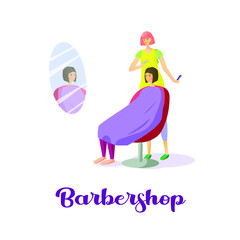 Vector graphics. Barbershop. The hairdresser cuts the girl.