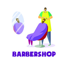 Vector graphics. Barbershop. The hairdresser cuts the guy. A haircut.
