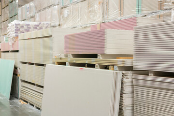 Drywall in a hardware store. Drywall sheets for repair and construction. Repair and construction concept