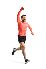 Fit young man running and gesturing with hand