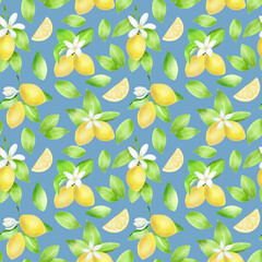 Watercolor seamless pattern with lemons on blue background
