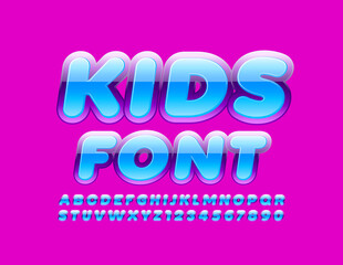 Fototapeta na wymiar Vector bright glossy Kids Font. Modern Blue and Violet Alphabet Letters and Numbers