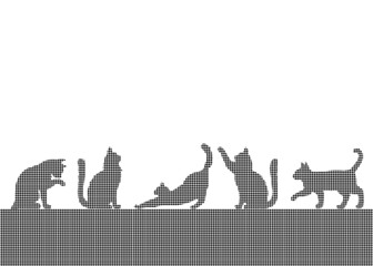 Halftone style of cats in various acting. Cute kitten are enjoy playing together. Dots drawing isolated on white background.