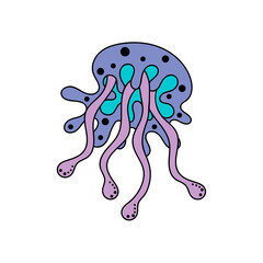Jellyfish isolated on a white background. A jellyfish with long tentacles. Cartoon lines of art. Doodle print for baby, t-shirt, clothing, greeting card