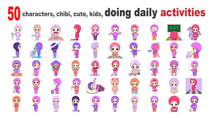 50 characters, chibi, cute, kids, doing daily activities