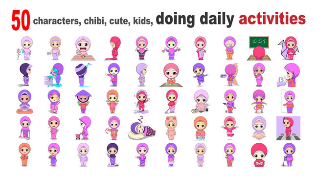 50 characters, chibi, cute, kids, doing daily activities