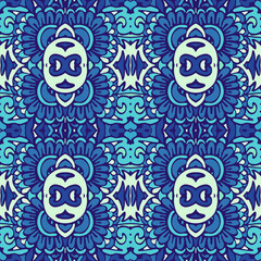 Texture seamless vector pattern arabesque from blue and white oriental tiles, ornaments doodle