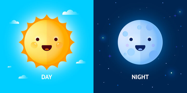 Vector day and night illustration with cute smiling sun and moon cartoon characters