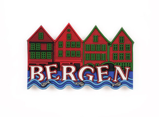 Souvenir (magnet) from Bergen (Norway) isolated on white background