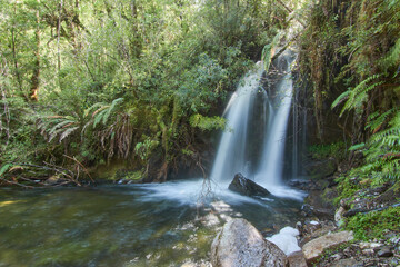 Panoramic view of the Chaica River Waterfall, Alerce Andino National Park, Puerto Montt, Chile