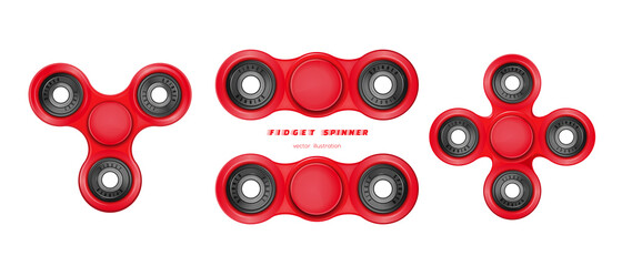 Different shapes spinners set. Hand fidget spinner toy for improvement of attention span. Stress-relieving toy. Three-bladed, two-bladed, four-bladed spinner made of red plastic. Vector illustration