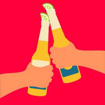 Two hands men flat design concept hold two bottles of corona beer cheers isolated cartoon & lemon vector. enjoy in summer holiday atmosphere on beach background creative graphic. stop the coronavirus