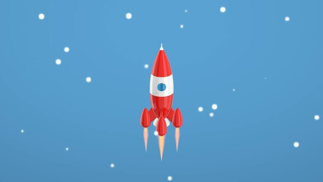 3D rendering of a vintage toy rocket flying spinning among the stars on a blue background. Space travel cartoon style.
