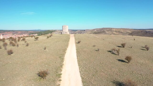 aeriel view over the islamic watchtower in Uxama and a view over Burgo de Osma city, province of Soria, Castile and Leon, Spain 