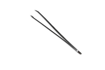 Grey metal tweezers isolated on white background. Small tool for picking up objects