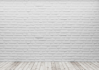 Fototapety  Room perspective, white brick on the wall and wooden floor, mockup template for product display. 3d render.