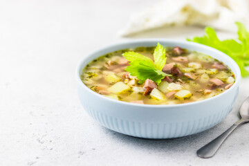 Italian sausage soup. Selective focus, copy space.