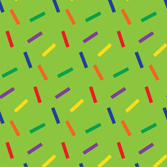 Seamless pattern with colorful sticks. Print for textile, gift wrapping paper, cards, web and design. Celebration style. Christmas presents, confetti. Green background with color elements