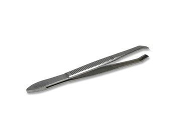 Grey metal tweezers isolated on white background. Small tool for picking up objects