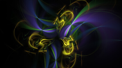 Abstract colorful violet and golden glowing shapes. Fantasy light background. Digital fractal art. 3d rendering.