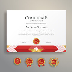 Fototapeta premium Red and gold certificate border template with badges for award, business, and education needs