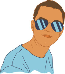 Vector portrait of a young man wearing sunglasses. Summer season theme. Young handsome man in blue t-shirt.