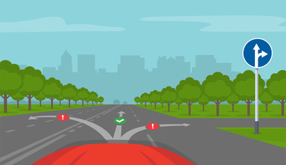 Driving a car. Proceed straight or turn right traffic sign. Car on highway. Flat vector illustration.