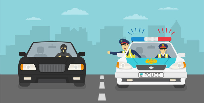 Police chasing criminal in a car on the highway. Flat vector illustration.