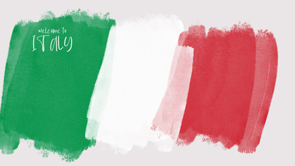 Welcome to Italy written on the stylized Italian flag