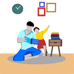 The father is reading a cartoon book to his son.Vector illustration for father day.