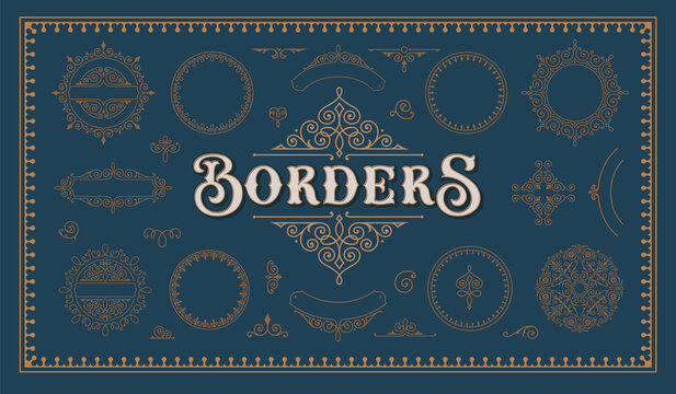 A set of vintage borders and design elements for packaging and decoration.