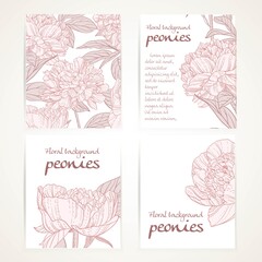 Pink peonies on four vertical blank banners set on a white background